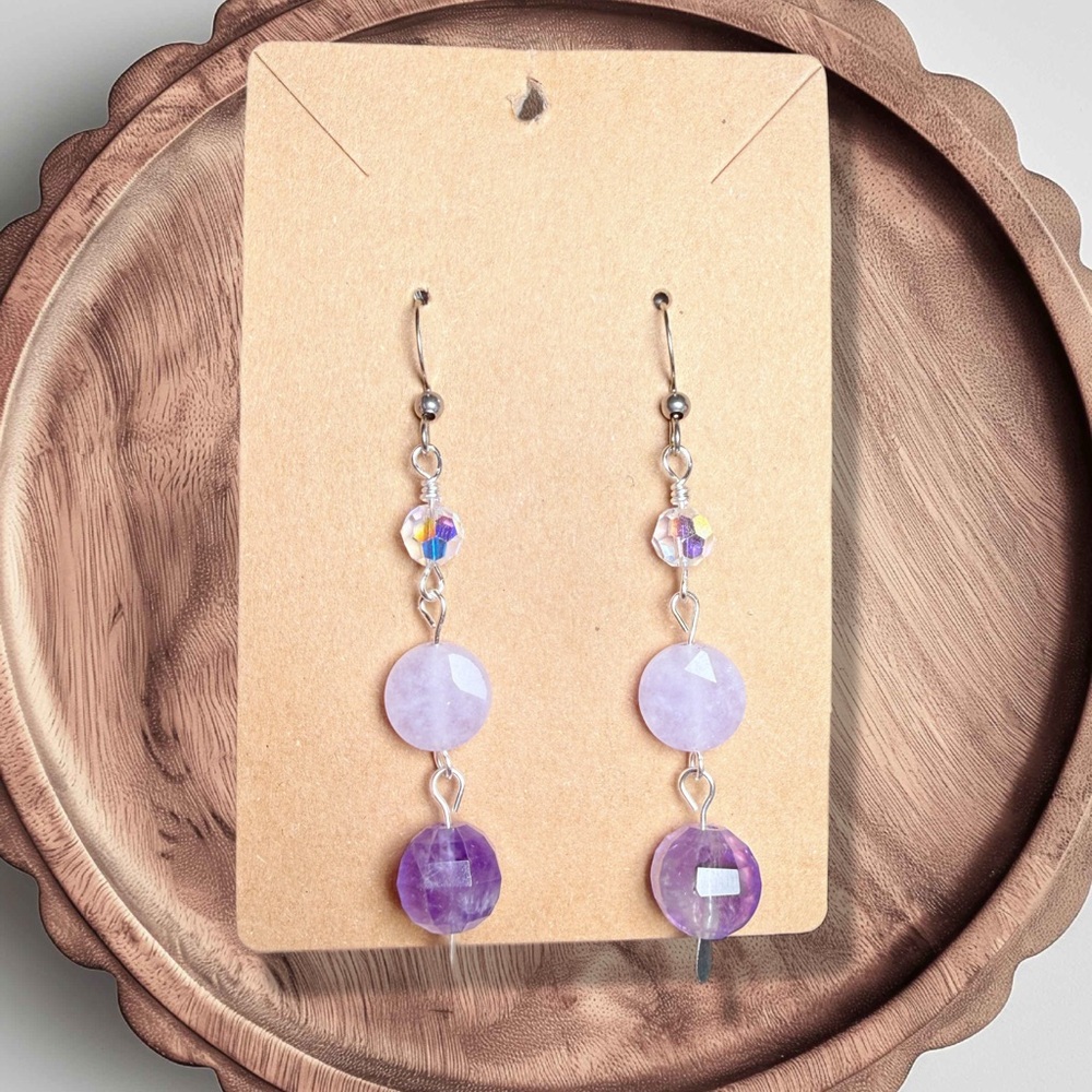 Amethyst & Purple Quartz Earrings with Swarovski Crystal Accent - Picture 1 of 4